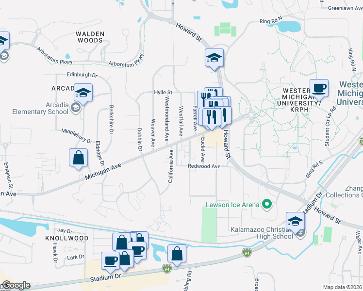 map of restaurants, bars, coffee shops, grocery stores, and more near 3012 Michigan Avenue in Kalamazoo