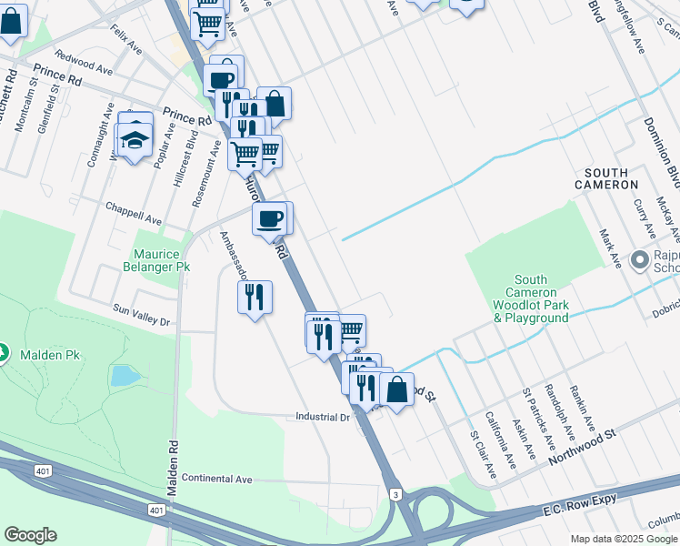 map of restaurants, bars, coffee shops, grocery stores, and more near 1977 Northway Avenue in Windsor