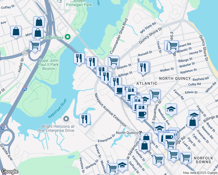 map of restaurants, bars, coffee shops, grocery stores, and more near 1922 Walnut Street in Quincy