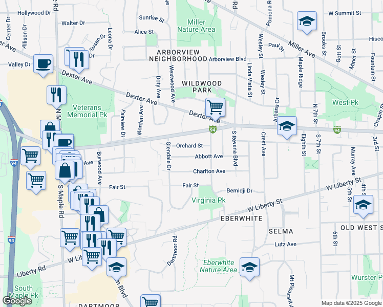 map of restaurants, bars, coffee shops, grocery stores, and more near 1734 Abbott Avenue in Ann Arbor