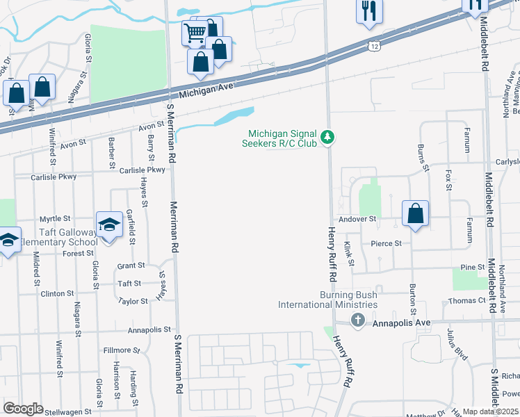 map of restaurants, bars, coffee shops, grocery stores, and more near 3412 Henry Ruff Road in Inkster