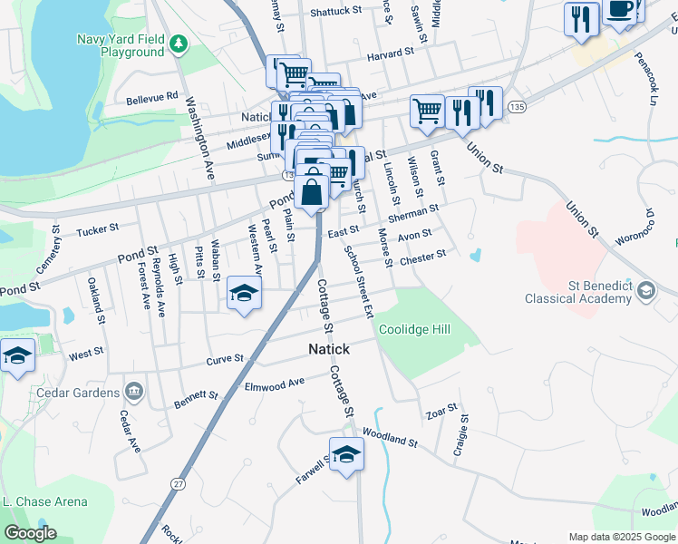 map of restaurants, bars, coffee shops, grocery stores, and more near 2 Cottage Street in Natick