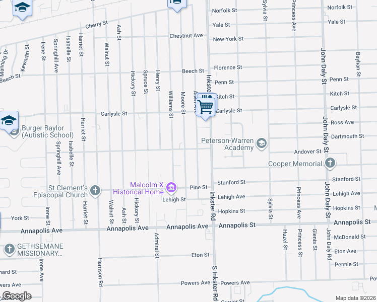 map of restaurants, bars, coffee shops, grocery stores, and more near 3899 Moore Street in Inkster