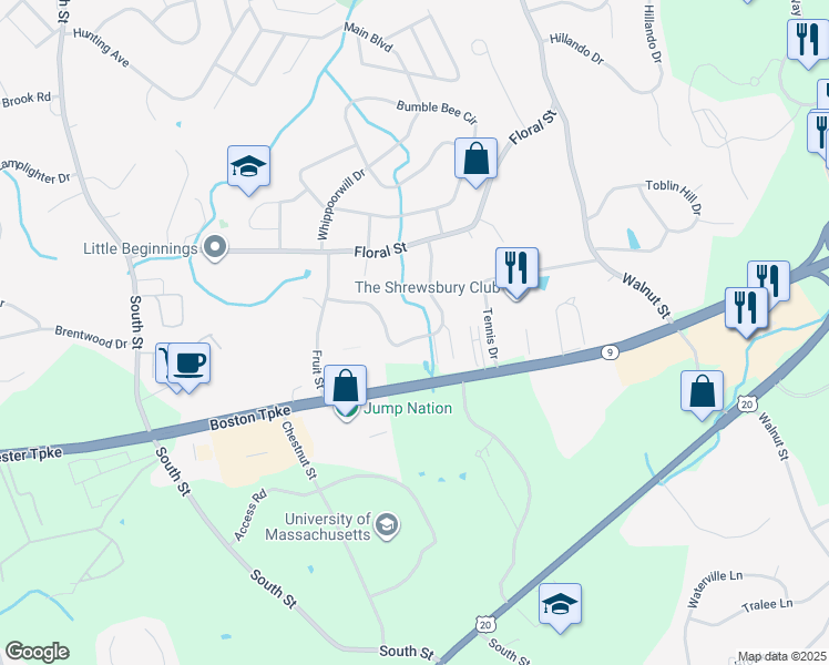 map of restaurants, bars, coffee shops, grocery stores, and more near 15 Arbor Drive in Shrewsbury