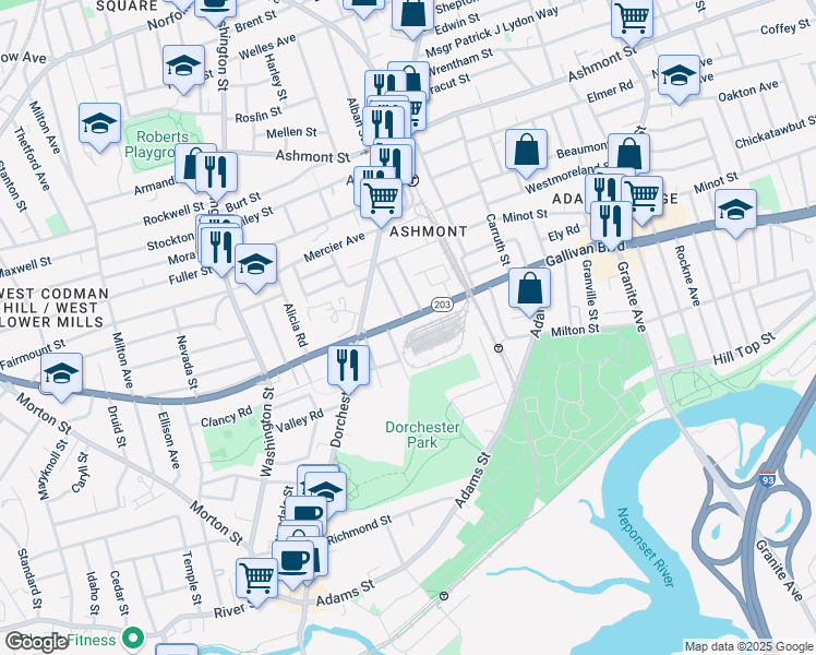 map of restaurants, bars, coffee shops, grocery stores, and more near 341-345 Gallivan Boulevard in Boston