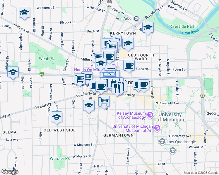 map of restaurants, bars, coffee shops, grocery stores, and more near 217 East Washington Street in Ann Arbor