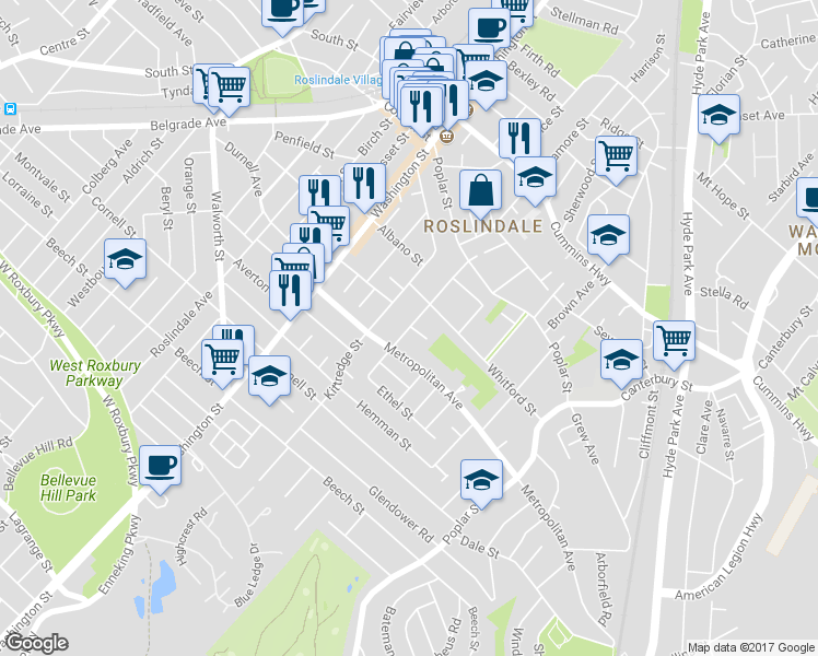 map of restaurants, bars, coffee shops, grocery stores, and more near 65 Augustus Ave in Boston