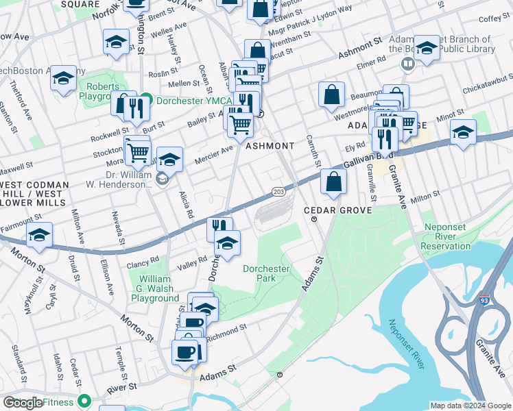 map of restaurants, bars, coffee shops, grocery stores, and more near 341 Gallivan Boulevard in Boston
