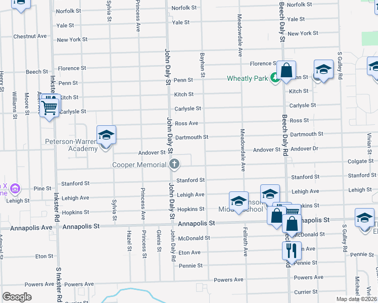 map of restaurants, bars, coffee shops, grocery stores, and more near 26382 Colgate Street in Inkster