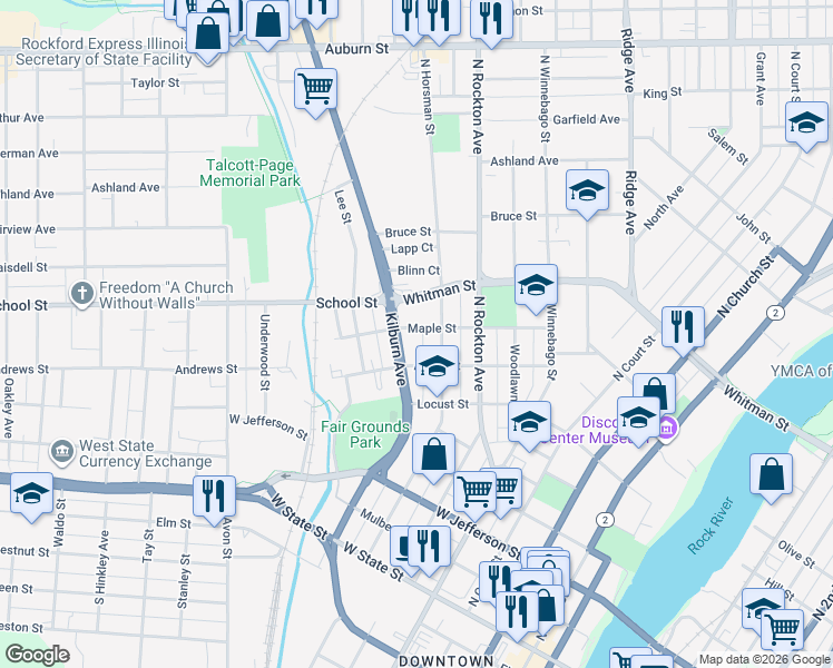 map of restaurants, bars, coffee shops, grocery stores, and more near 822 Maple Street in Rockford