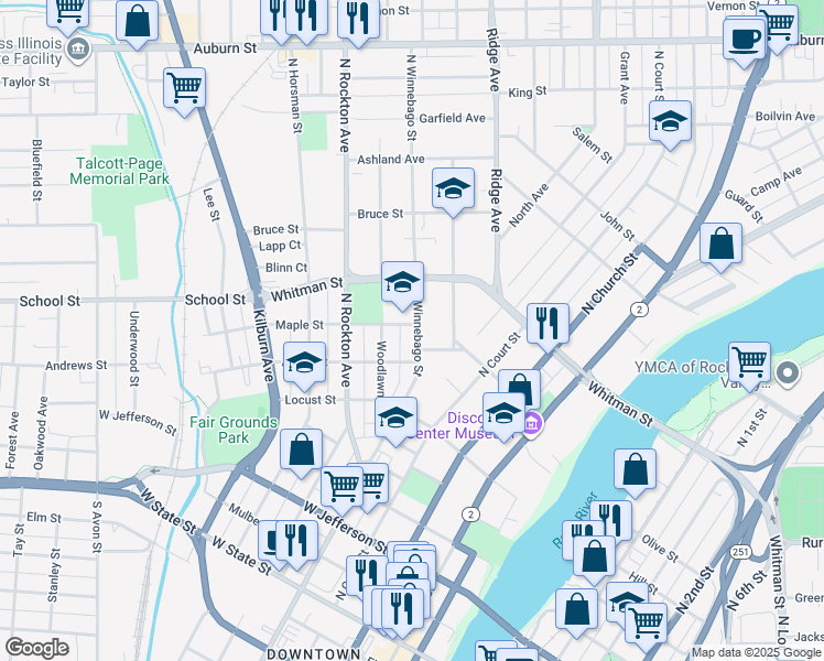 map of restaurants, bars, coffee shops, grocery stores, and more near 728 North Winnebago Street in Rockford