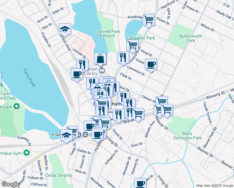 map of restaurants, bars, coffee shops, grocery stores, and more near 20 Richardson Circle in Framingham