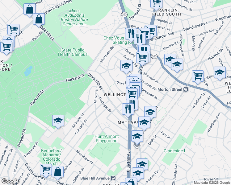 map of restaurants, bars, coffee shops, grocery stores, and more near 57 Hazleton Street in Boston
