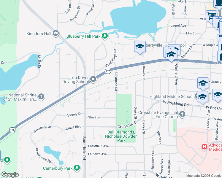 map of restaurants, bars, coffee shops, grocery stores, and more near 1014 Gracewood Drive in Libertyville