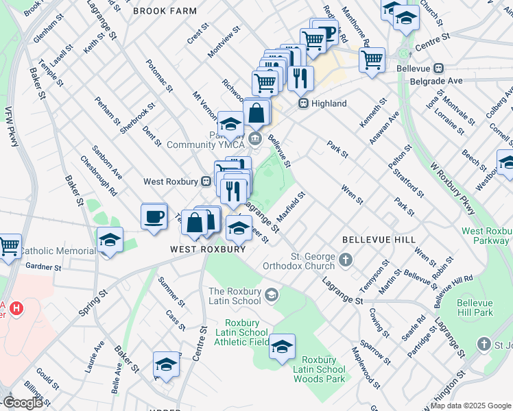 map of restaurants, bars, coffee shops, grocery stores, and more near 369 Lagrange Street in Boston