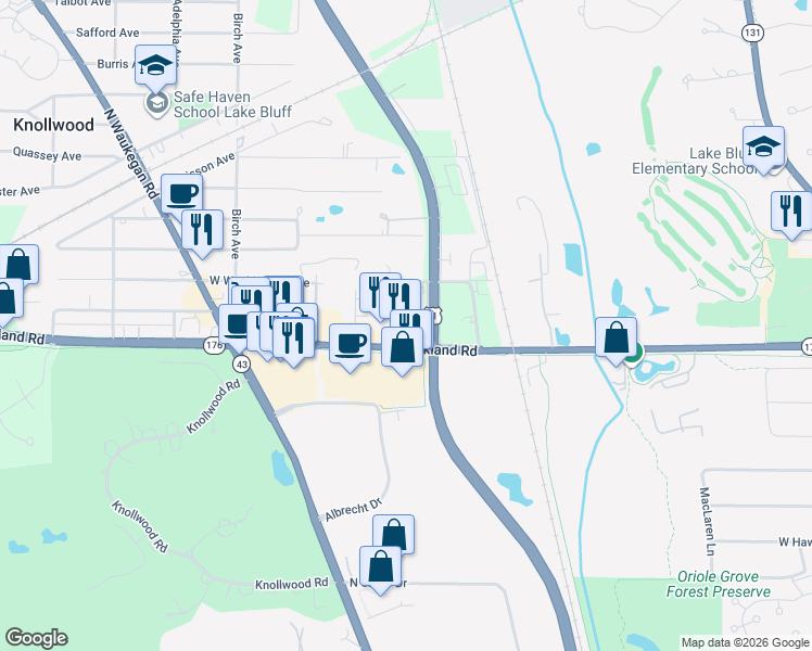 map of restaurants, bars, coffee shops, grocery stores, and more near 28809 Shagbark Road in Lake Bluff