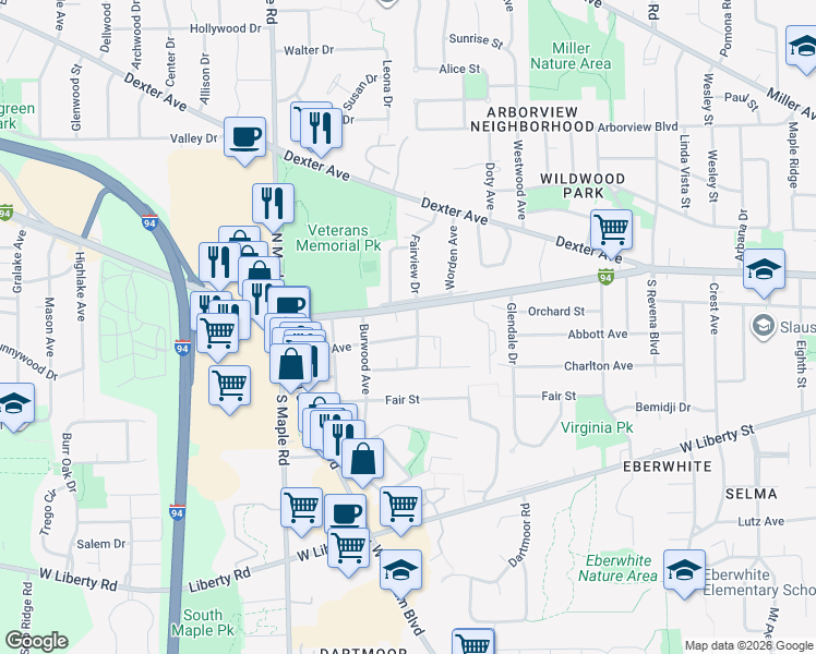 map of restaurants, bars, coffee shops, grocery stores, and more near 2101 Jackson Avenue in Ann Arbor