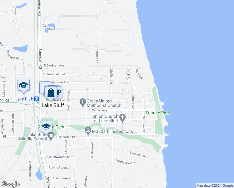 map of restaurants, bars, coffee shops, grocery stores, and more near 503 East North Avenue in Lake Bluff
