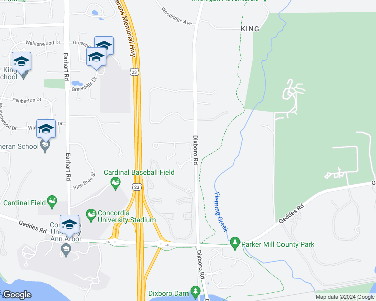map of restaurants, bars, coffee shops, grocery stores, and more near 4458 Hillside Drive in Ann Arbor