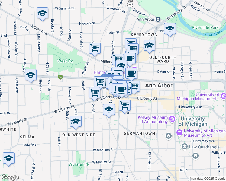 map of restaurants, bars, coffee shops, grocery stores, and more near 126 South Main Street in Ann Arbor