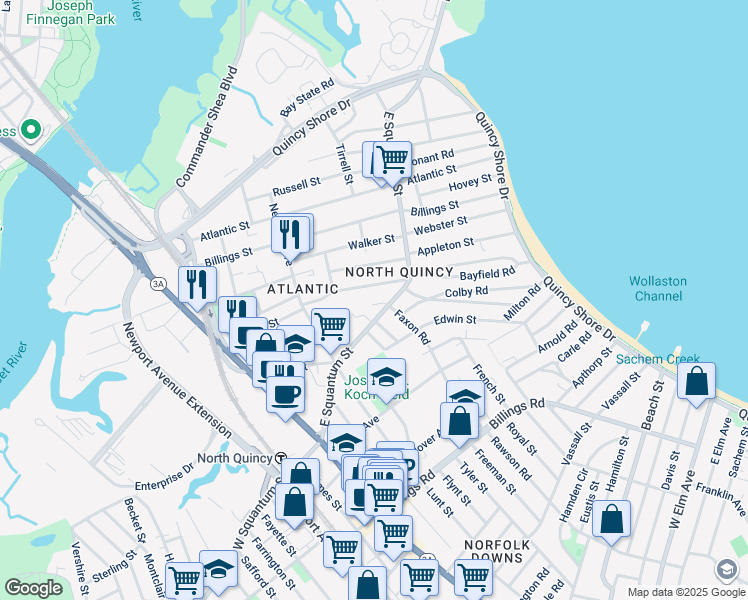 map of restaurants, bars, coffee shops, grocery stores, and more near in Quincy
