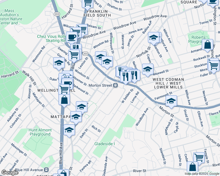 map of restaurants, bars, coffee shops, grocery stores, and more near 12 Astoria Street in Boston