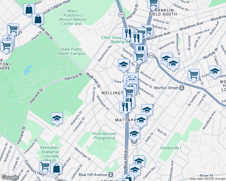map of restaurants, bars, coffee shops, grocery stores, and more near 57 Hazleton Street in Boston