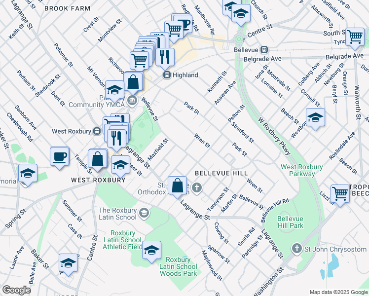map of restaurants, bars, coffee shops, grocery stores, and more near 19 Danville Street in Boston