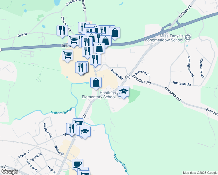 map of restaurants, bars, coffee shops, grocery stores, and more near 1 Lyman Street in Westborough