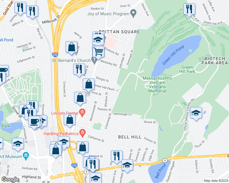 map of restaurants, bars, coffee shops, grocery stores, and more near 98 Green Hill Parkway in Worcester