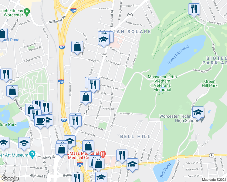 map of restaurants, bars, coffee shops, grocery stores, and more near 98 Green Hill Parkway in Worcester