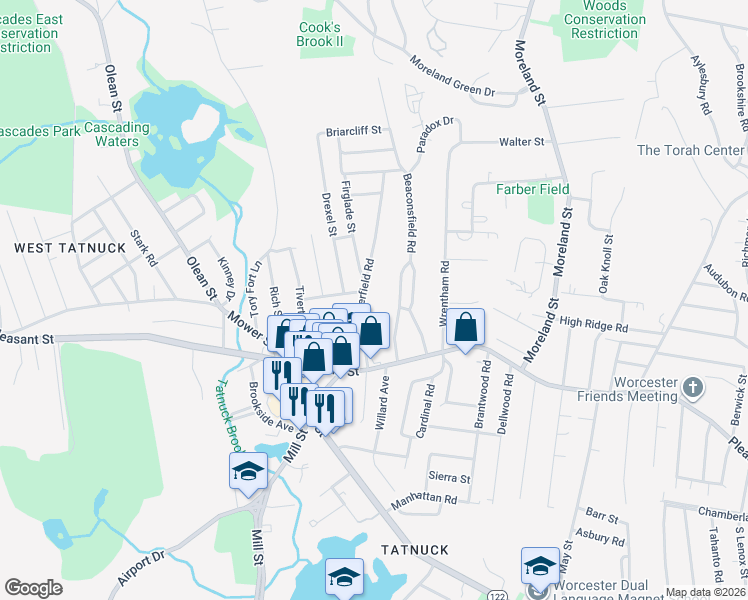 map of restaurants, bars, coffee shops, grocery stores, and more near 64 Copperfield Road in Worcester