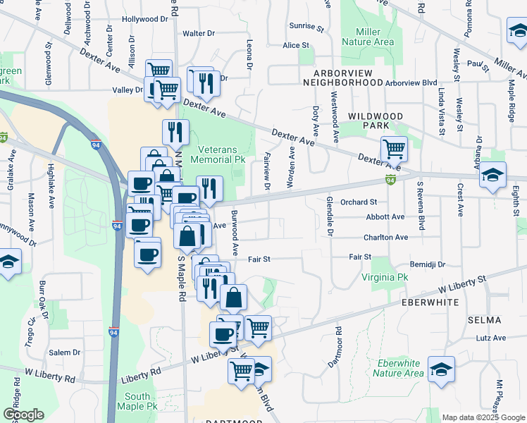 map of restaurants, bars, coffee shops, grocery stores, and more near 2101 Jackson Avenue in Ann Arbor