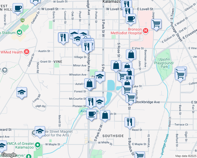 map of restaurants, bars, coffee shops, grocery stores, and more near 1027 Park Place in Kalamazoo