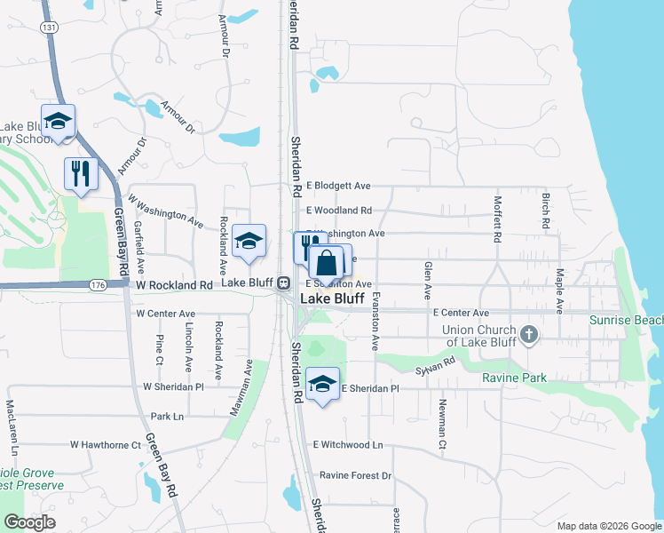map of restaurants, bars, coffee shops, grocery stores, and more near 33 East North Avenue in Lake Bluff