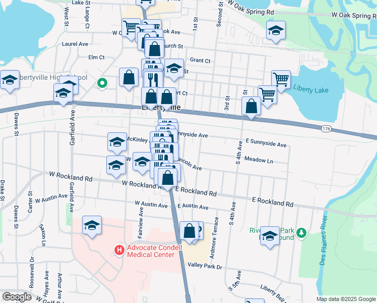 map of restaurants, bars, coffee shops, grocery stores, and more near 226 Prairie Avenue in Libertyville