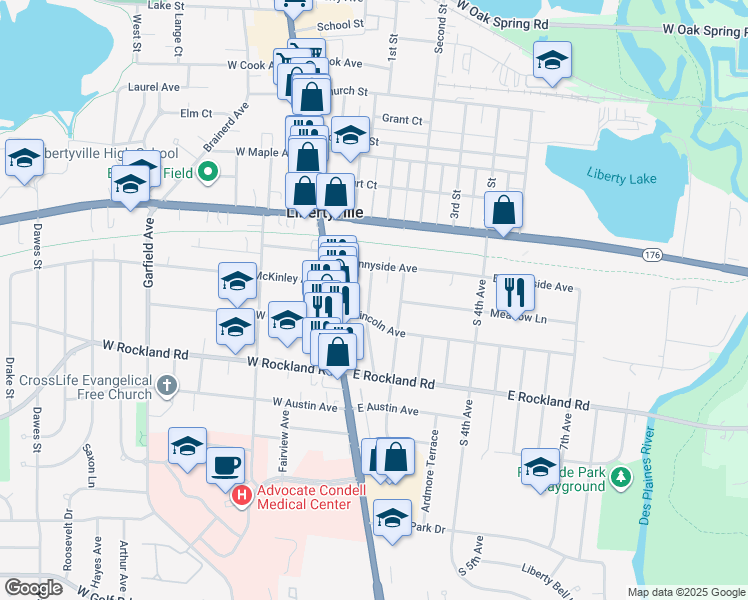 map of restaurants, bars, coffee shops, grocery stores, and more near 226 Prairie Avenue in Libertyville