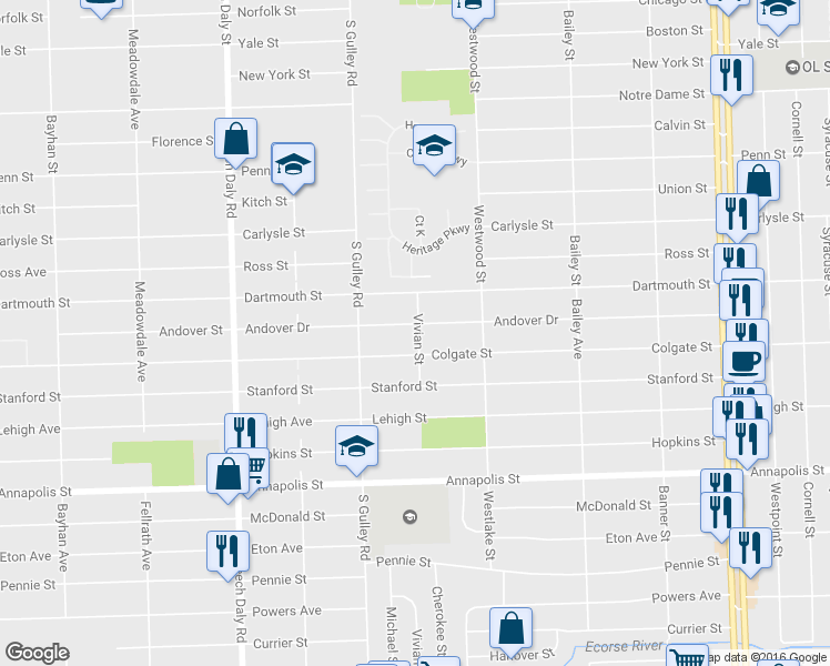 map of restaurants, bars, coffee shops, grocery stores, and more near 25201 Andover Drive in Dearborn Heights