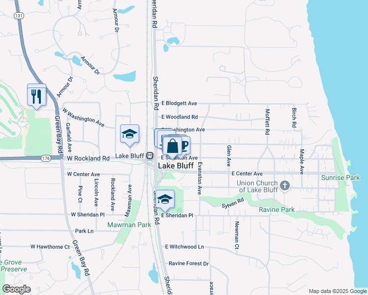 map of restaurants, bars, coffee shops, grocery stores, and more near 612 Oak Avenue in Lake Bluff