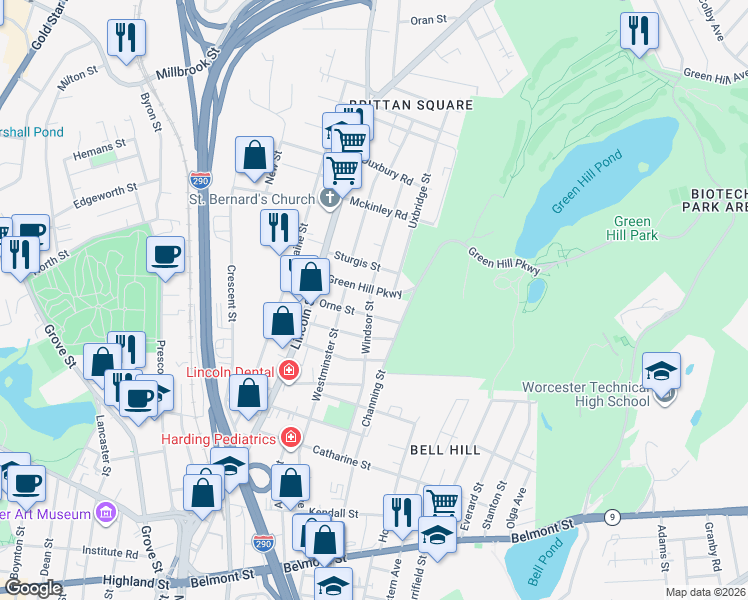 map of restaurants, bars, coffee shops, grocery stores, and more near 42 Windsor Street in Worcester