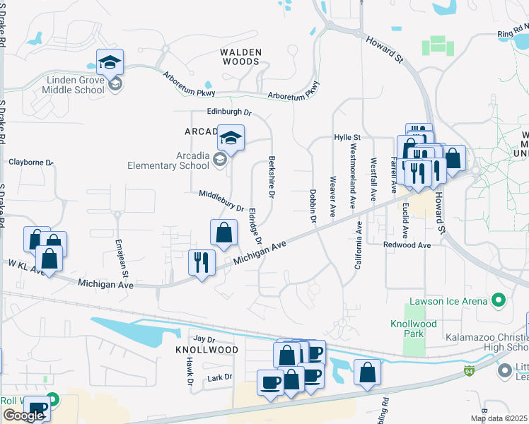 map of restaurants, bars, coffee shops, grocery stores, and more near 1112 Berkshire Drive in Kalamazoo