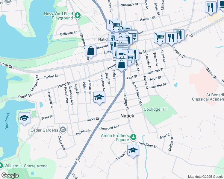 map of restaurants, bars, coffee shops, grocery stores, and more near 1 Diamond Street in Natick