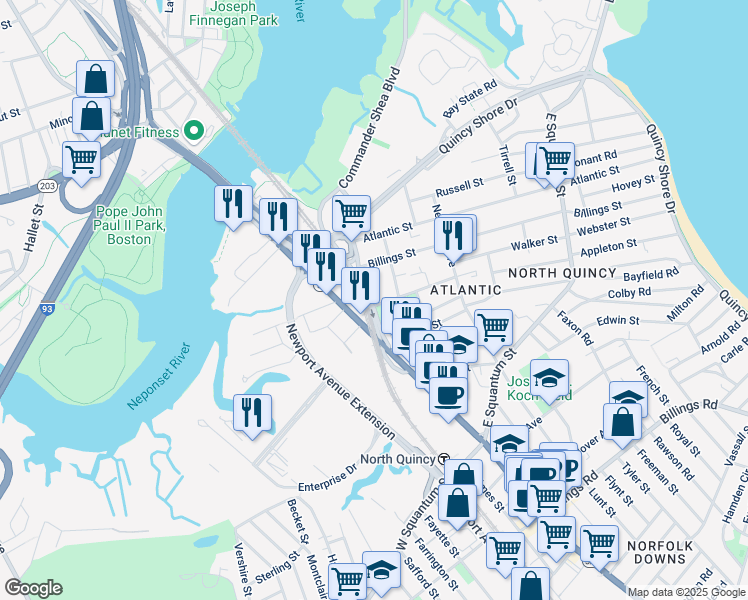map of restaurants, bars, coffee shops, grocery stores, and more near 68 Sagamore Street in Quincy