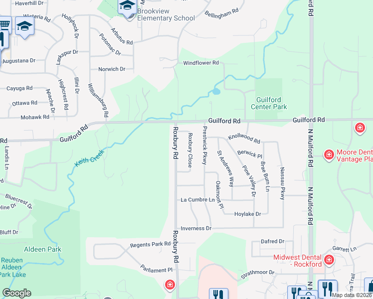 map of restaurants, bars, coffee shops, grocery stores, and more near 1219 Roxbury Close in Rockford