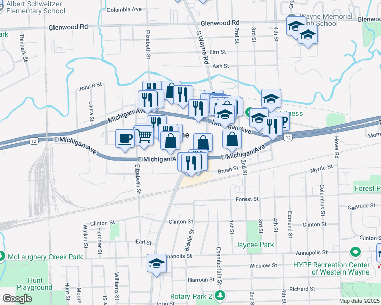 map of restaurants, bars, coffee shops, grocery stores, and more near 35160 East Michigan Avenue in Wayne