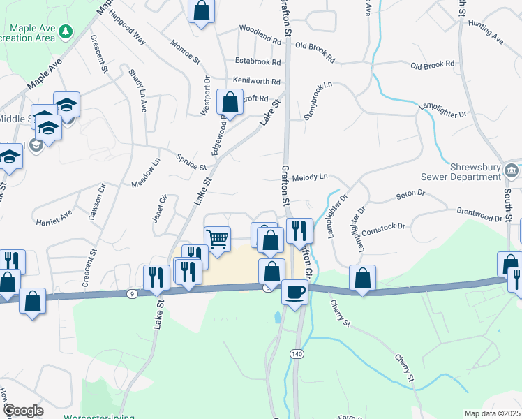 map of restaurants, bars, coffee shops, grocery stores, and more near 56 Harrington Farms Way in Shrewsbury