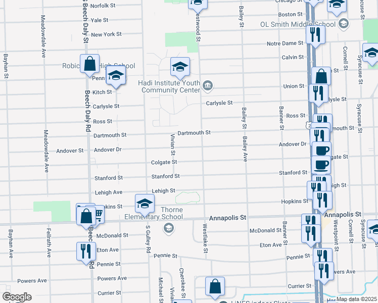 map of restaurants, bars, coffee shops, grocery stores, and more near 25053 Andover Dr in Dearborn Heights