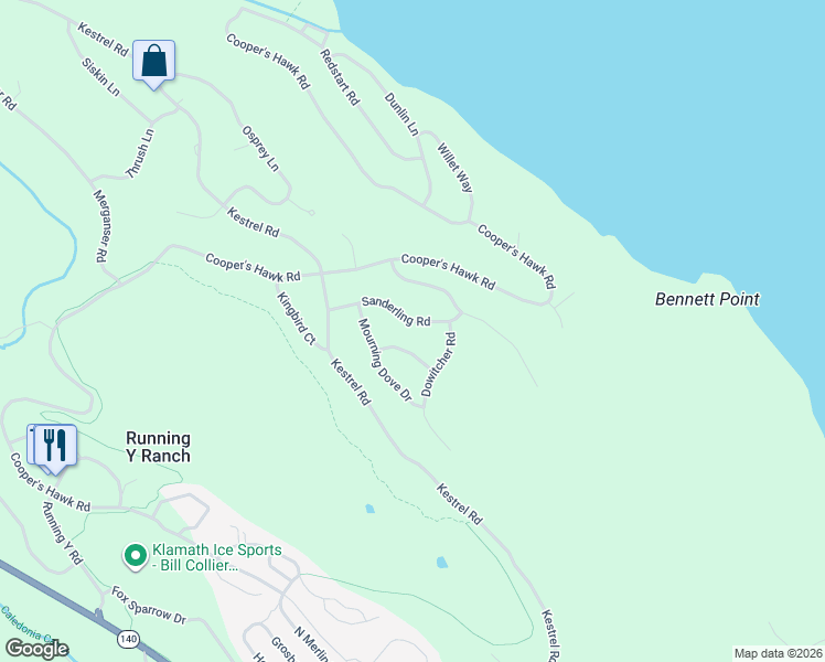map of restaurants, bars, coffee shops, grocery stores, and more near 6352 Sanderling Road in Klamath Falls