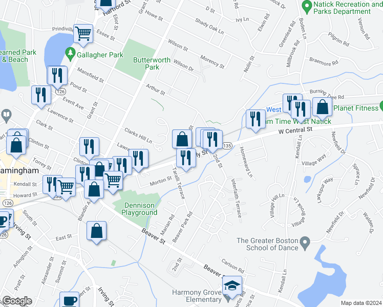 map of restaurants, bars, coffee shops, grocery stores, and more near 45 Waverly Street in Framingham