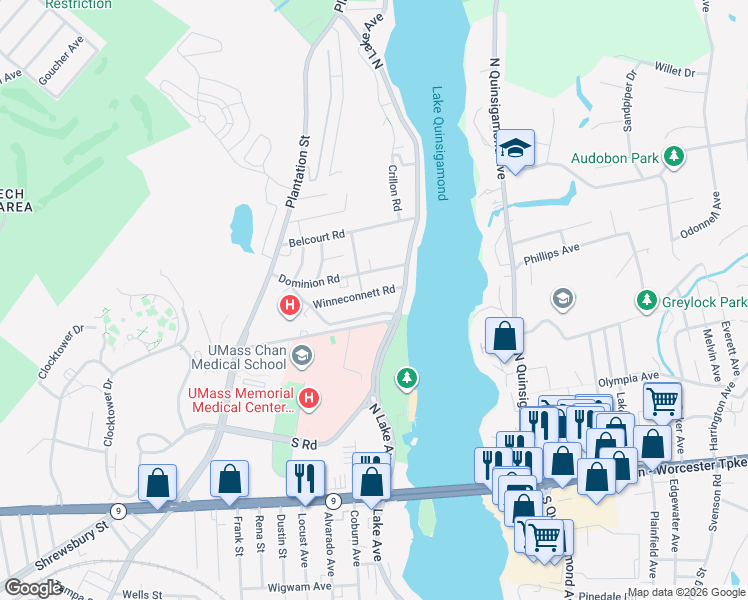 map of restaurants, bars, coffee shops, grocery stores, and more near 7 Winneconnett Road in Worcester